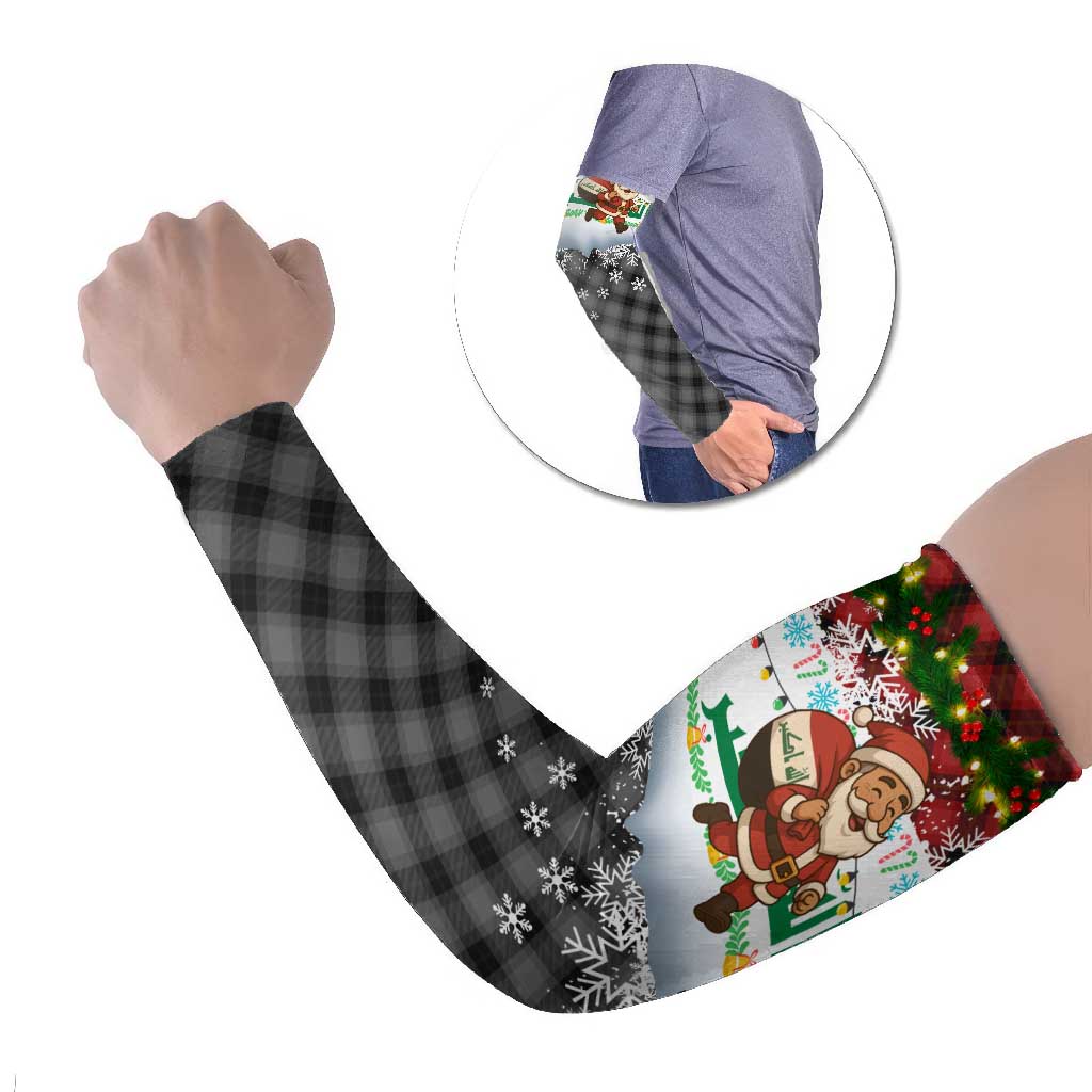 Iraq Christmas Arm Sleeves with Santa Carrying Gift Bag Flag Garland and Snowflake Plaid Pattern - Wonder Print Shop