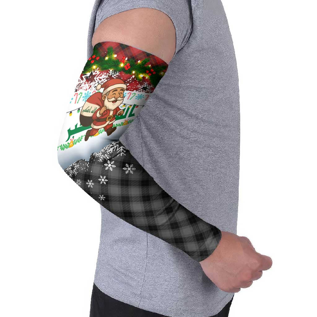 Iraq Christmas Arm Sleeves with Santa Carrying Gift Bag Flag Garland and Snowflake Plaid Pattern - Wonder Print Shop