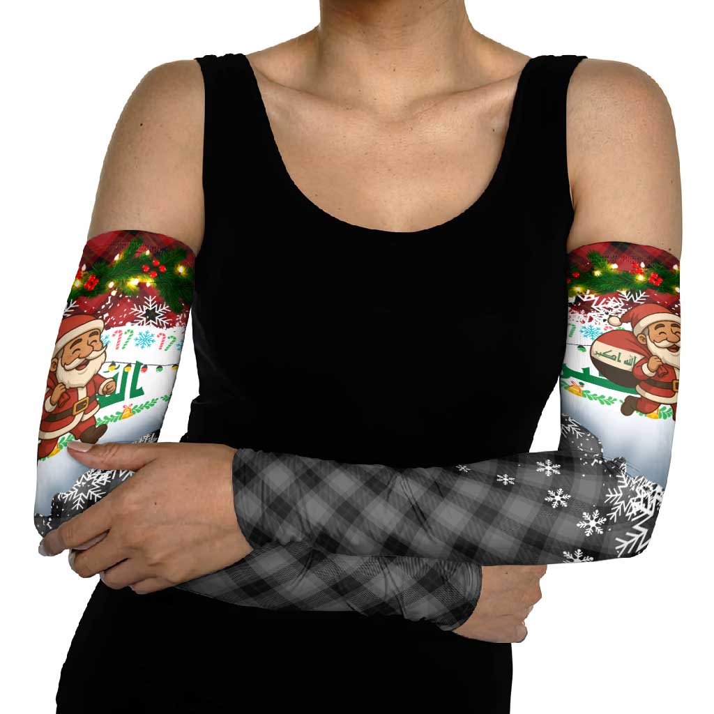 Iraq Christmas Arm Sleeves with Santa Carrying Gift Bag Flag Garland and Snowflake Plaid Pattern - Wonder Print Shop