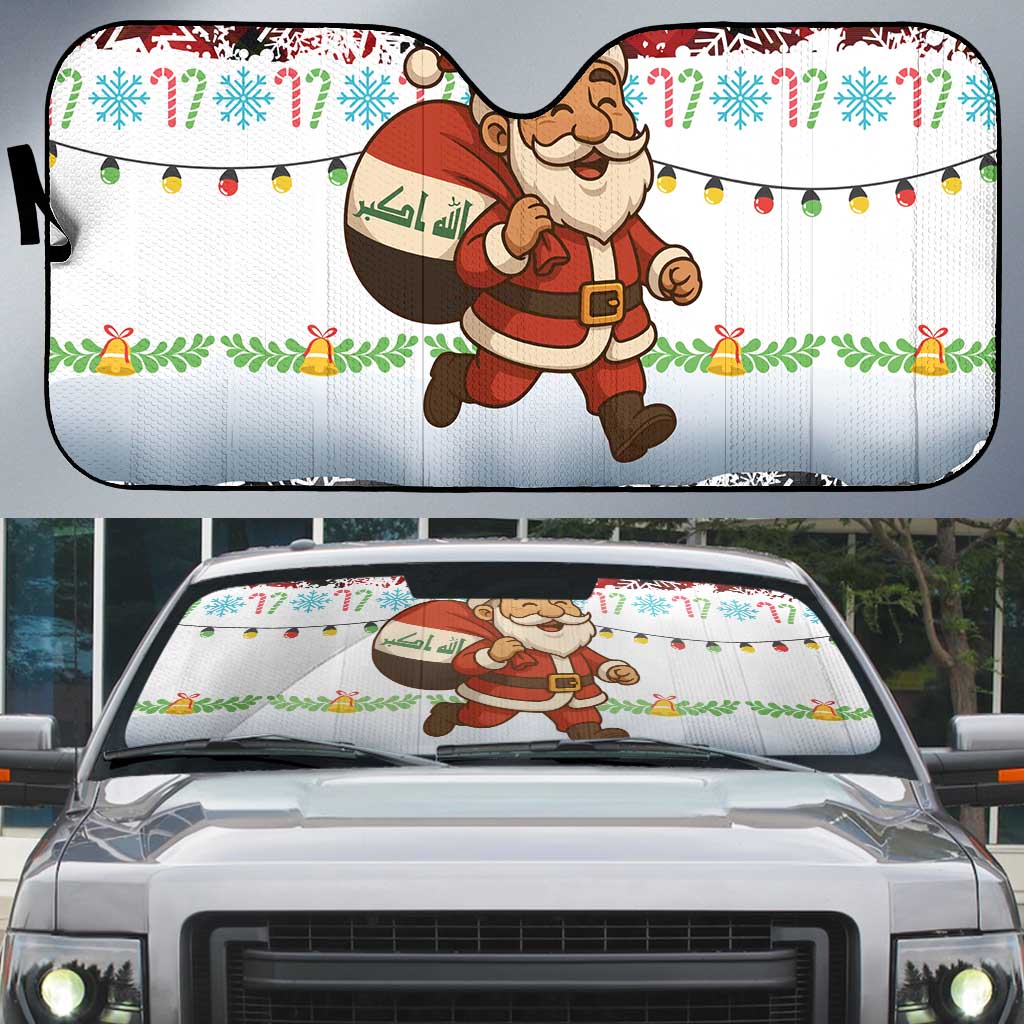 Iraq Christmas Auto Sun Shade with Santa Carrying Gift Bag Flag Garland and Snowflake Plaid Pattern - Wonder Print Shop