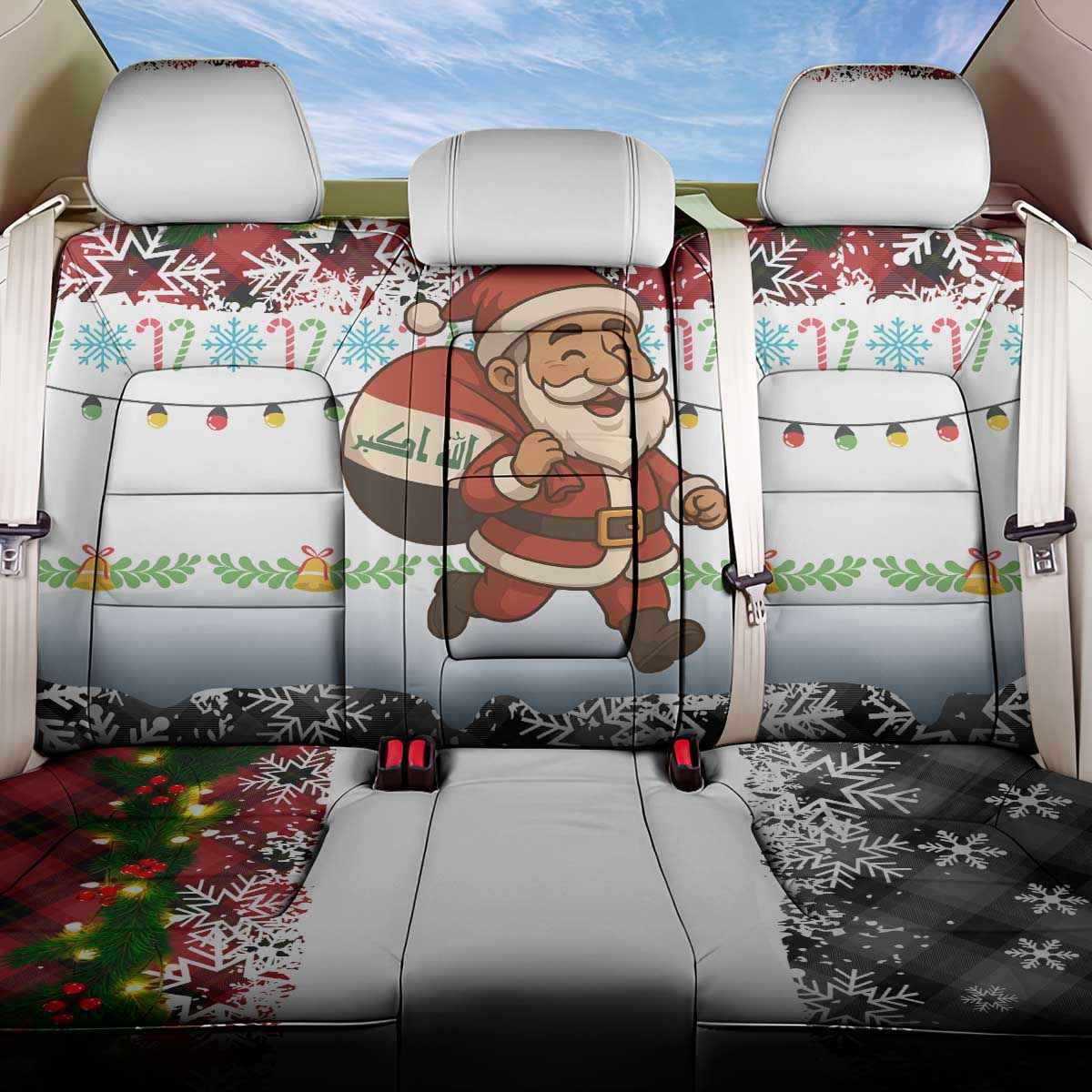 Iraq Christmas Back Car Seat Cover with Santa Carrying Gift Bag Flag Garland and Snowflake Plaid Pattern - Wonder Print Shop