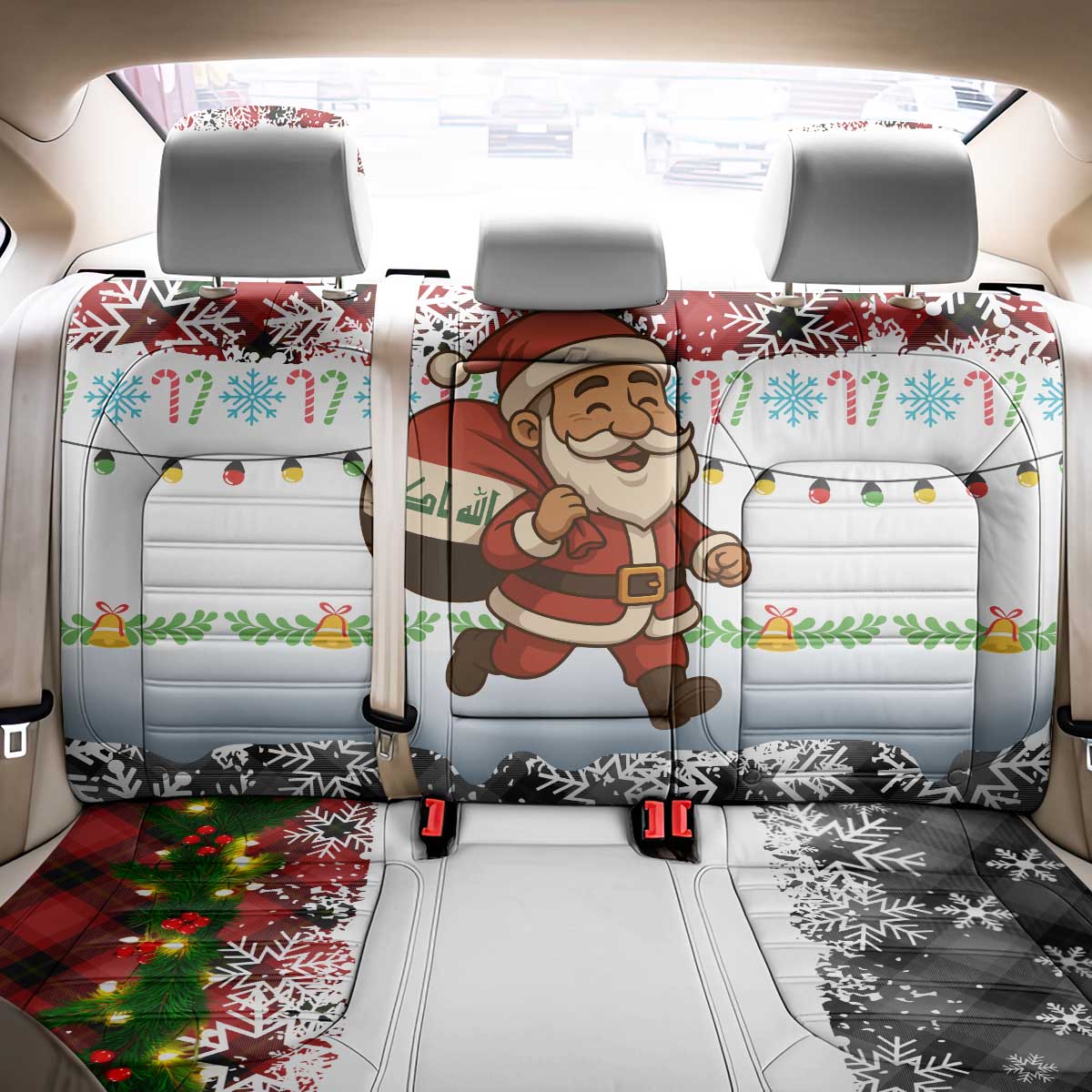 Iraq Christmas Back Car Seat Cover with Santa Carrying Gift Bag Flag Garland and Snowflake Plaid Pattern - Wonder Print Shop