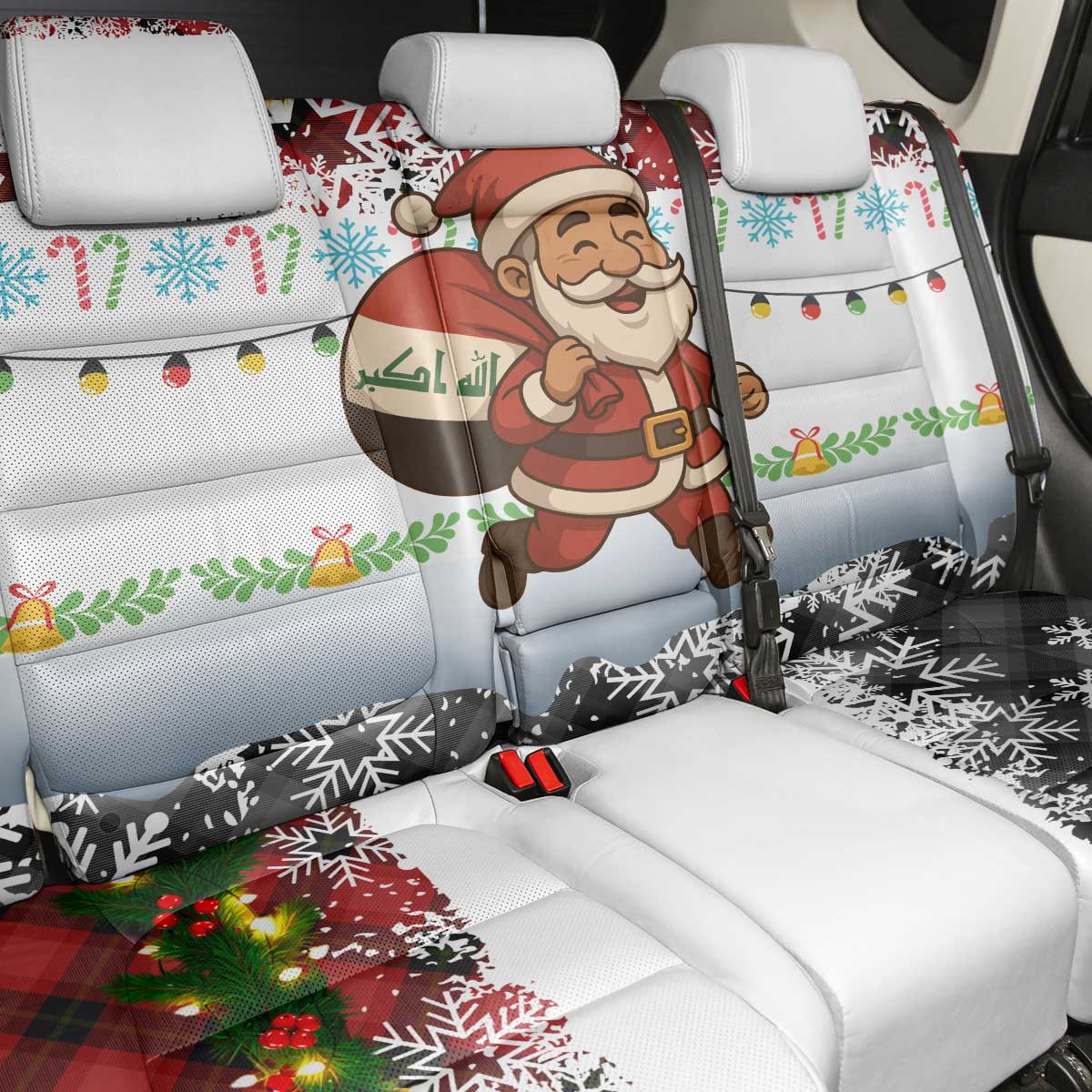 Iraq Christmas Back Car Seat Cover with Santa Carrying Gift Bag Flag Garland and Snowflake Plaid Pattern - Wonder Print Shop
