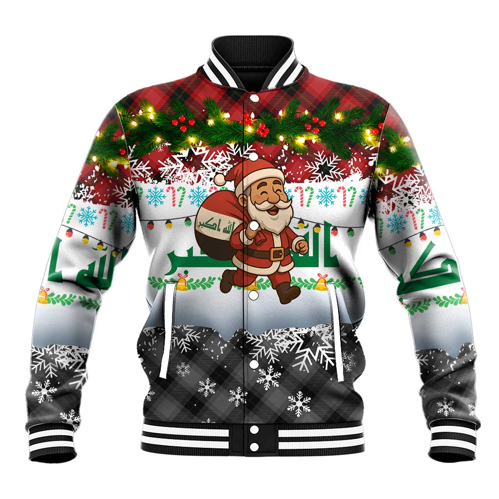 Iraq Christmas Baseball Jacket with Santa Carrying Gift Bag Flag Garland and Snowflake Plaid Pattern - Wonder Print Shop