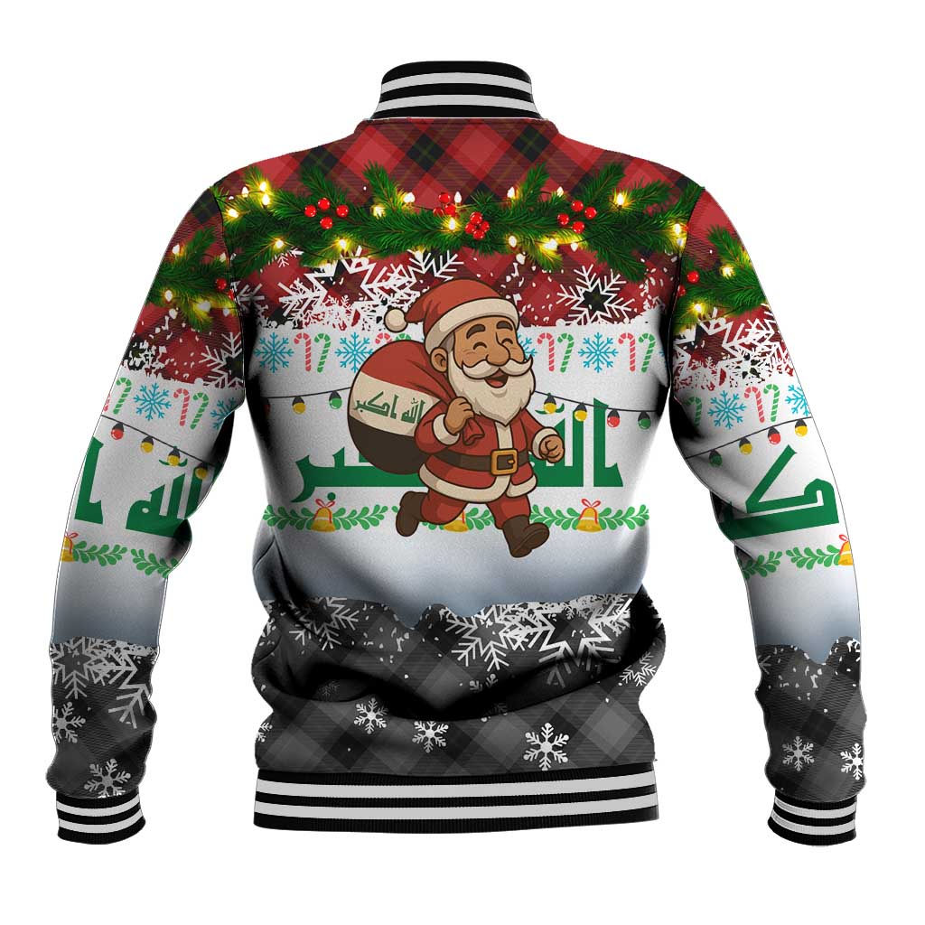 Iraq Christmas Baseball Jacket with Santa Carrying Gift Bag Flag Garland and Snowflake Plaid Pattern - Wonder Print Shop