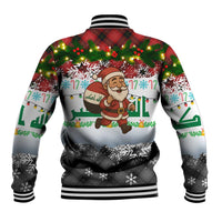 Iraq Christmas Baseball Jacket with Santa Carrying Gift Bag Flag Garland and Snowflake Plaid Pattern - Wonder Print Shop