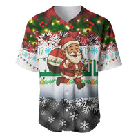 Iraq Christmas Baseball Jersey with Santa Carrying Gift Bag Flag Garland and Snowflake Plaid Pattern - Wonder Print Shop