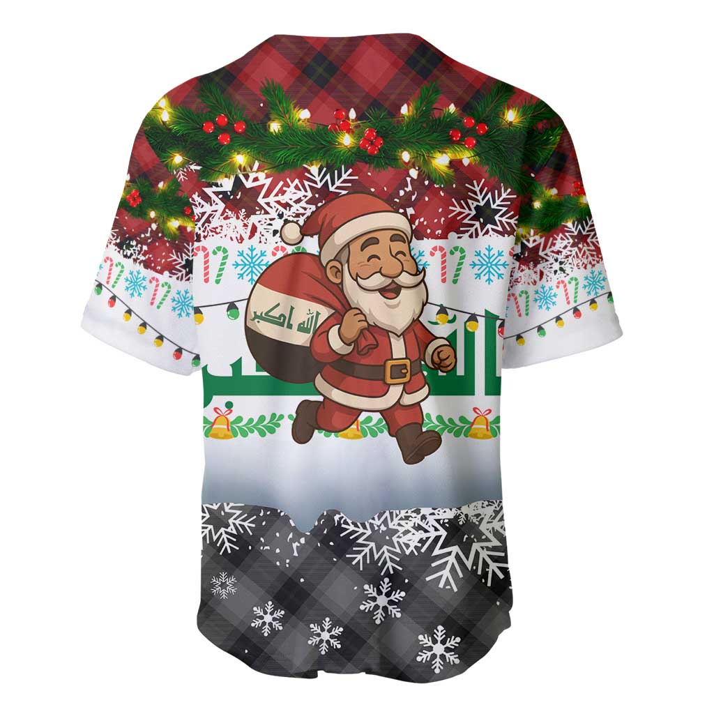Iraq Christmas Baseball Jersey with Santa Carrying Gift Bag Flag Garland and Snowflake Plaid Pattern - Wonder Print Shop
