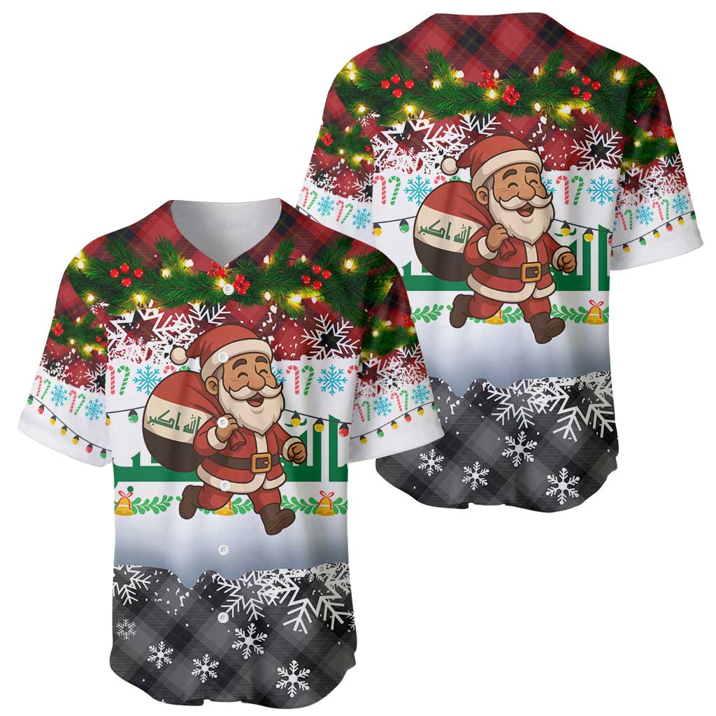 Iraq Christmas Baseball Jersey with Santa Carrying Gift Bag Flag Garland and Snowflake Plaid Pattern - Wonder Print Shop