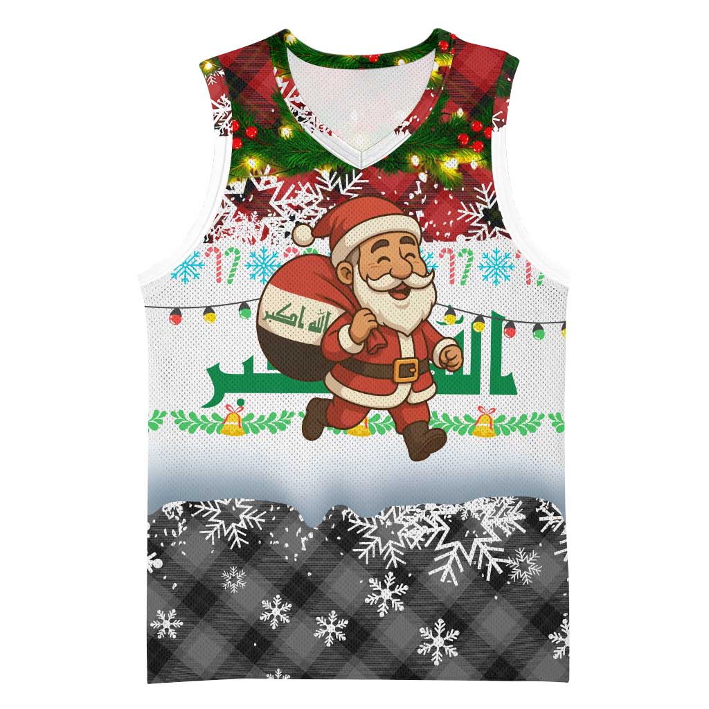 Iraq Christmas Basketball Jersey with Santa Carrying Gift Bag Flag Garland and Snowflake Plaid Pattern - Wonder Print Shop