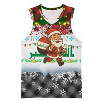Iraq Christmas Basketball Jersey with Santa Carrying Gift Bag Flag Garland and Snowflake Plaid Pattern - Wonder Print Shop