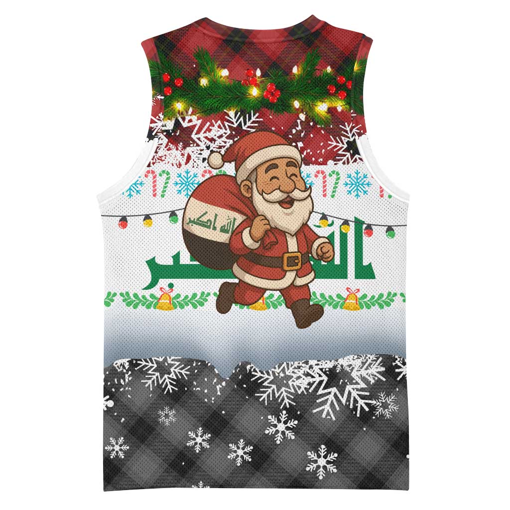 Iraq Christmas Basketball Jersey with Santa Carrying Gift Bag Flag Garland and Snowflake Plaid Pattern - Wonder Print Shop