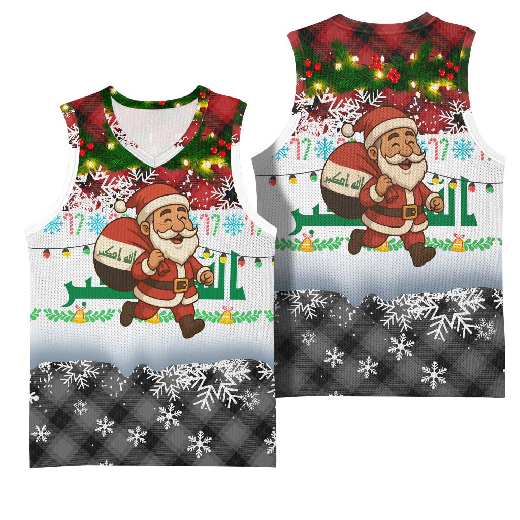 Iraq Christmas Basketball Jersey with Santa Carrying Gift Bag Flag Garland and Snowflake Plaid Pattern - Wonder Print Shop