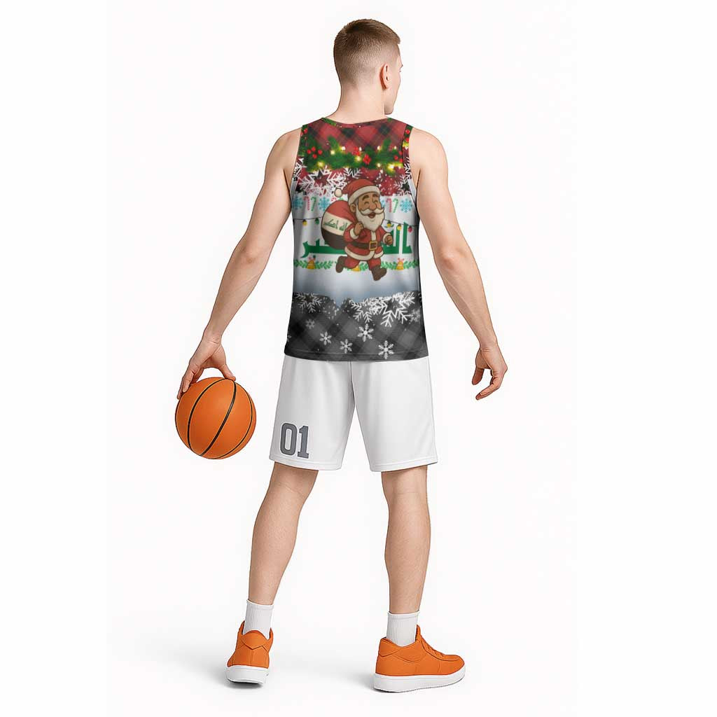 Iraq Christmas Basketball Jersey with Santa Carrying Gift Bag Flag Garland and Snowflake Plaid Pattern - Wonder Print Shop