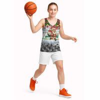 Iraq Christmas Basketball Jersey with Santa Carrying Gift Bag Flag Garland and Snowflake Plaid Pattern - Wonder Print Shop