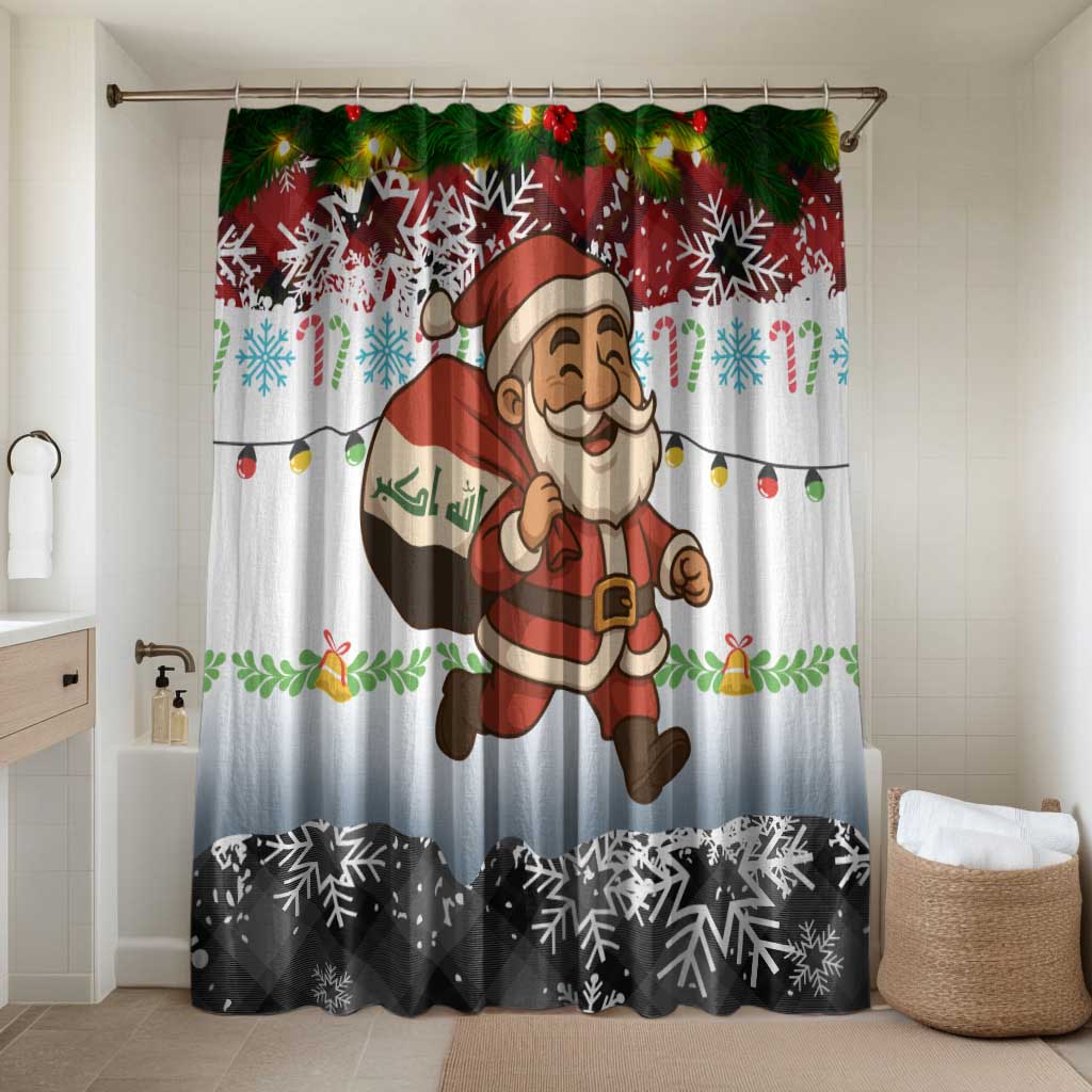 Iraq Christmas Bathroom Set with Santa Carrying Gift Bag Flag Garland and Snowflake Plaid Pattern - Wonder Print Shop