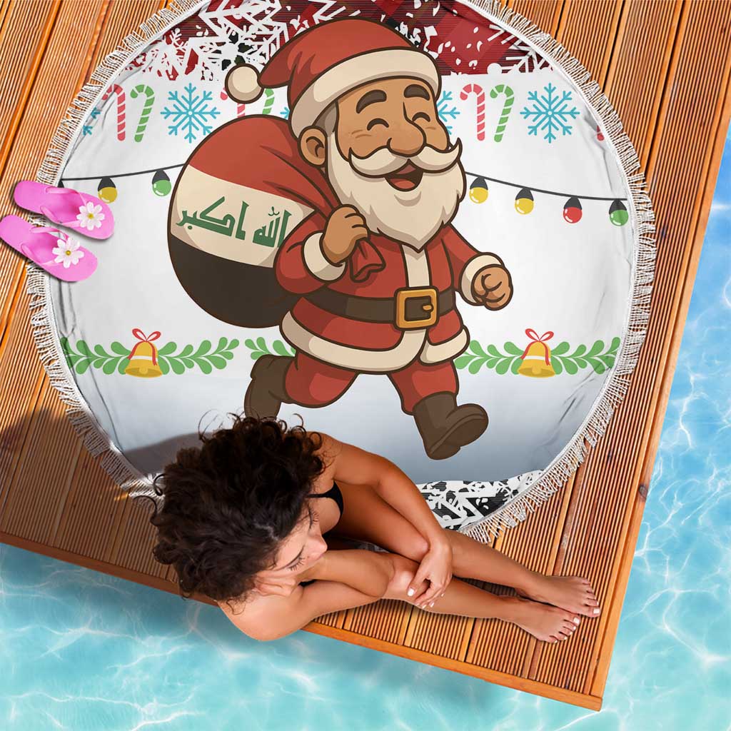 Iraq Christmas Beach Blanket with Santa Carrying Gift Bag Flag Garland and Snowflake Plaid Pattern - Wonder Print Shop