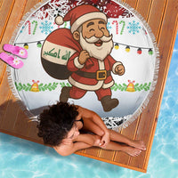 Iraq Christmas Beach Blanket with Santa Carrying Gift Bag Flag Garland and Snowflake Plaid Pattern - Wonder Print Shop