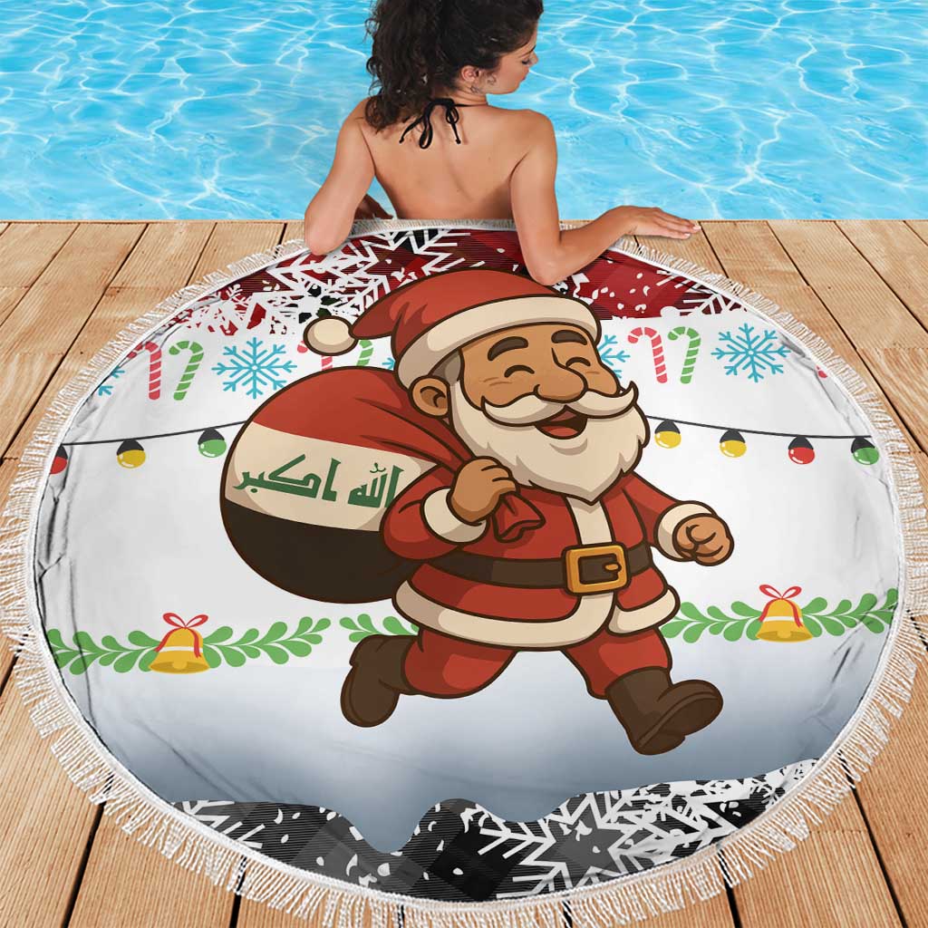 Iraq Christmas Beach Blanket with Santa Carrying Gift Bag Flag Garland and Snowflake Plaid Pattern - Wonder Print Shop