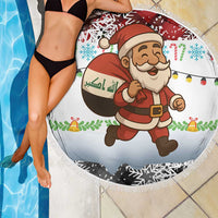 Iraq Christmas Beach Blanket with Santa Carrying Gift Bag Flag Garland and Snowflake Plaid Pattern - Wonder Print Shop