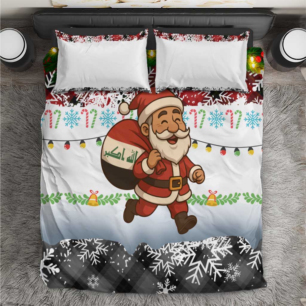 Iraq Christmas Bedding Set with Santa Carrying Gift Bag Flag Garland and Snowflake Plaid Pattern - Wonder Print Shop