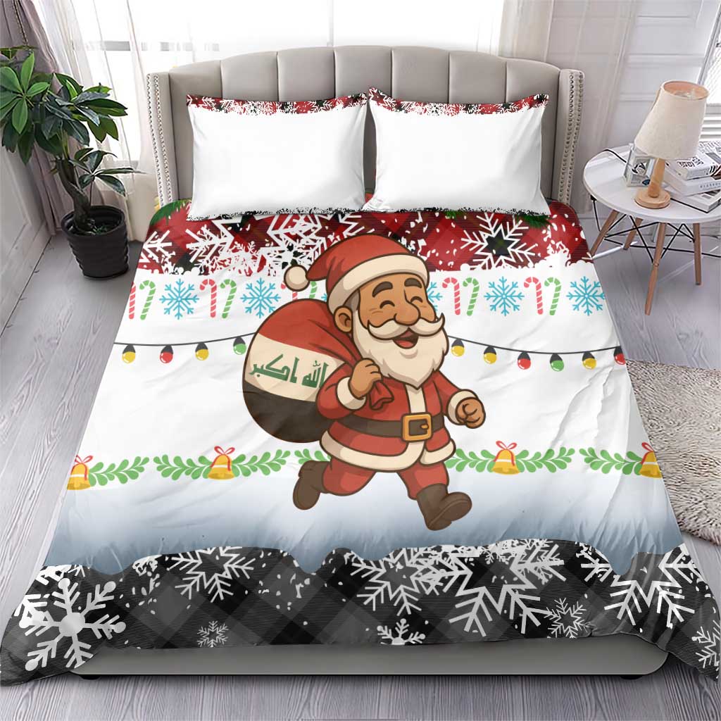 Iraq Christmas Bedding Set with Santa Carrying Gift Bag Flag Garland and Snowflake Plaid Pattern - Wonder Print Shop