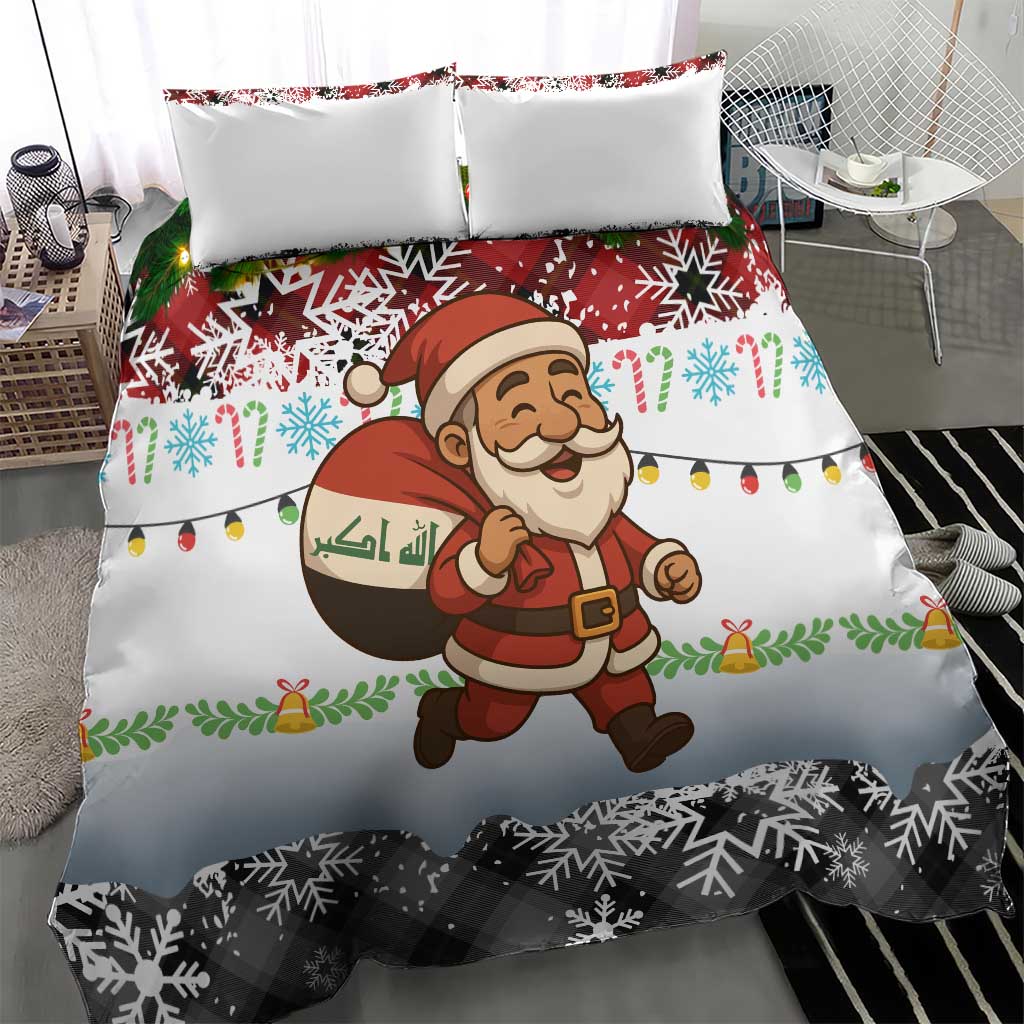Iraq Christmas Bedding Set with Santa Carrying Gift Bag Flag Garland and Snowflake Plaid Pattern - Wonder Print Shop