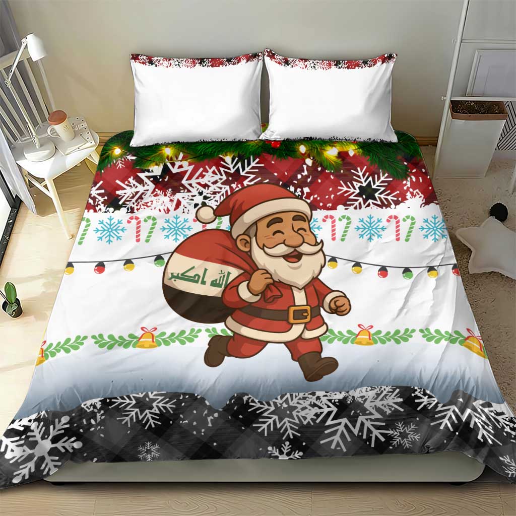 Iraq Christmas Bedding Set with Santa Carrying Gift Bag Flag Garland and Snowflake Plaid Pattern - Wonder Print Shop