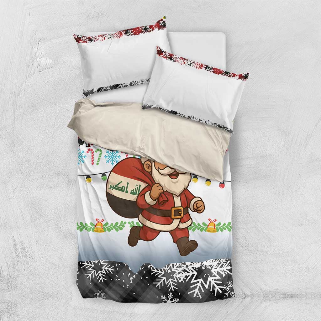 Iraq Christmas Bedding Set with Santa Carrying Gift Bag Flag Garland and Snowflake Plaid Pattern - Wonder Print Shop