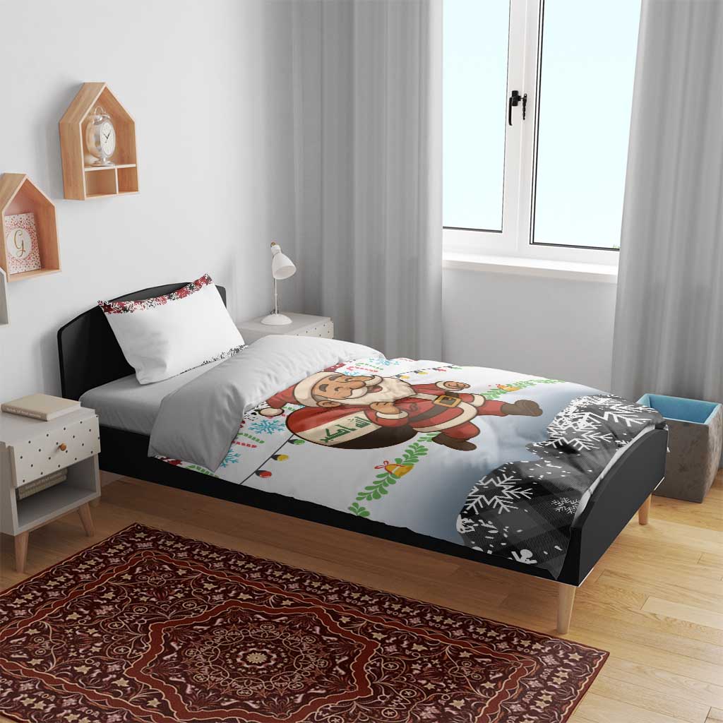 Iraq Christmas Bedding Set with Santa Carrying Gift Bag Flag Garland and Snowflake Plaid Pattern - Wonder Print Shop