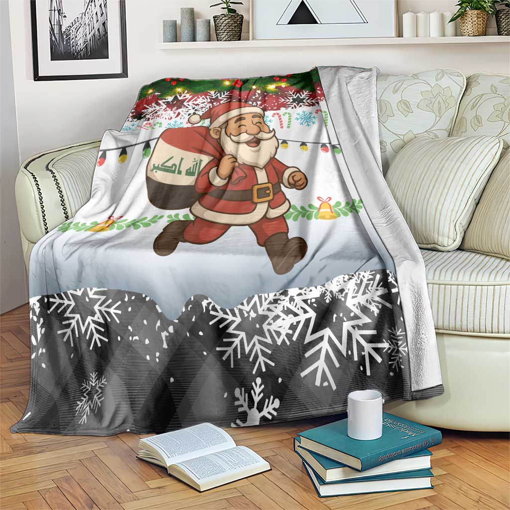 Iraq Christmas Blanket with Santa Carrying Gift Bag Flag Garland and Snowflake Plaid Pattern - Wonder Print Shop