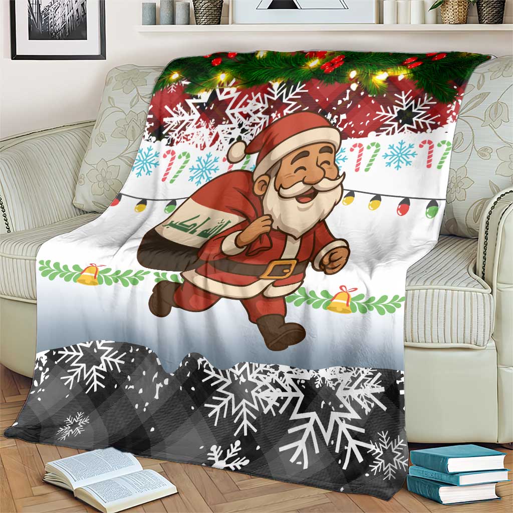 Iraq Christmas Blanket with Santa Carrying Gift Bag Flag Garland and Snowflake Plaid Pattern - Wonder Print Shop