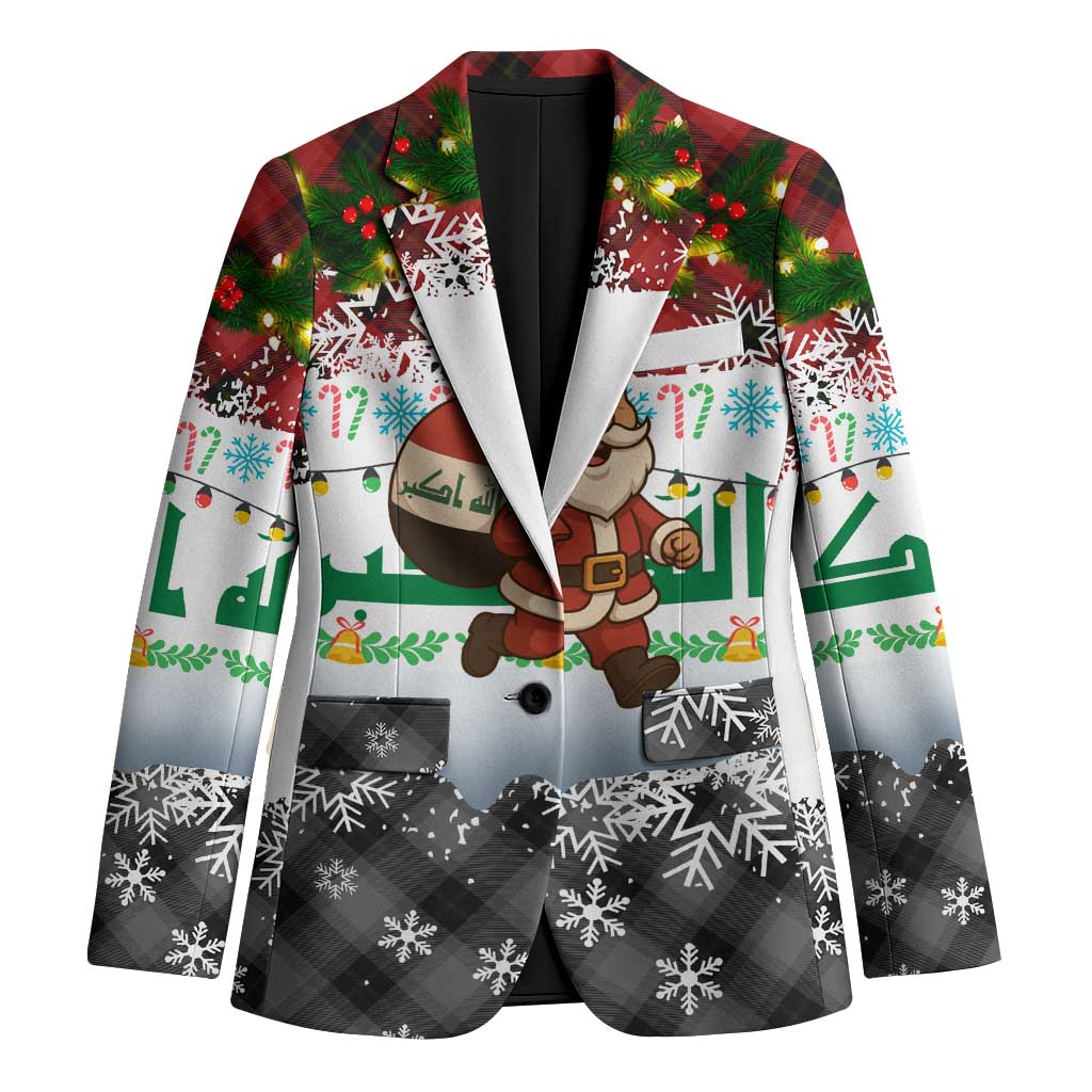 Iraq Christmas Blazer with Santa Carrying Gift Bag Flag Garland and Snowflake Plaid Pattern - Wonder Print Shop