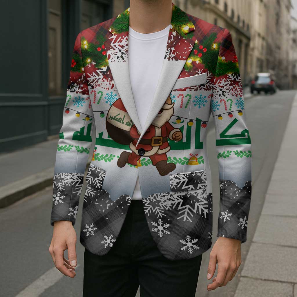 Iraq Christmas Blazer with Santa Carrying Gift Bag Flag Garland and Snowflake Plaid Pattern - Wonder Print Shop