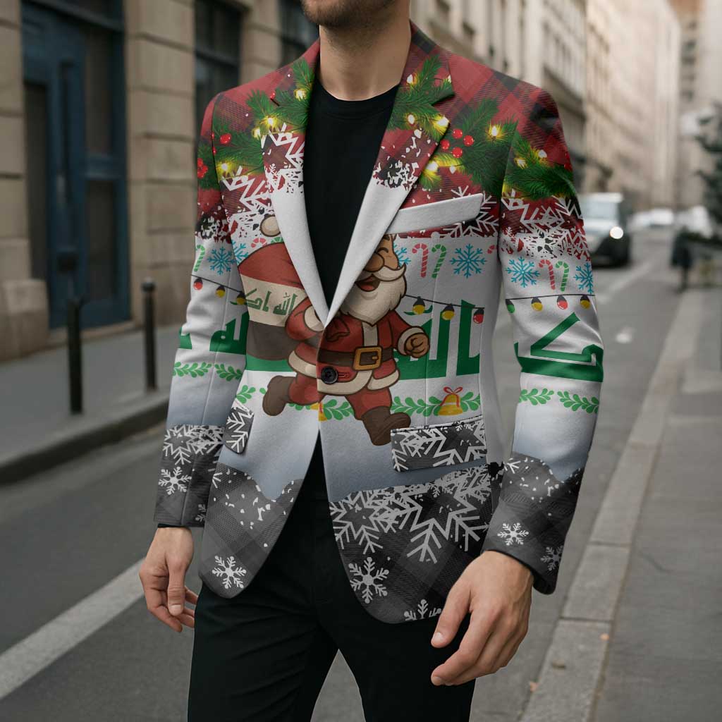Iraq Christmas Blazer with Santa Carrying Gift Bag Flag Garland and Snowflake Plaid Pattern - Wonder Print Shop