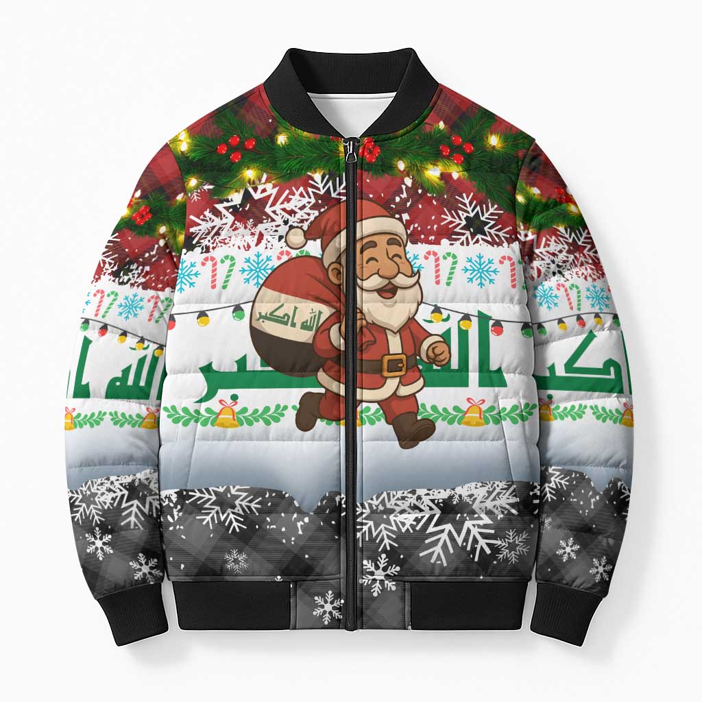 Iraq Christmas Bomber Puffer Jacket with Santa Carrying Gift Bag Flag Garland and Snowflake Plaid Pattern - Wonder Print Shop