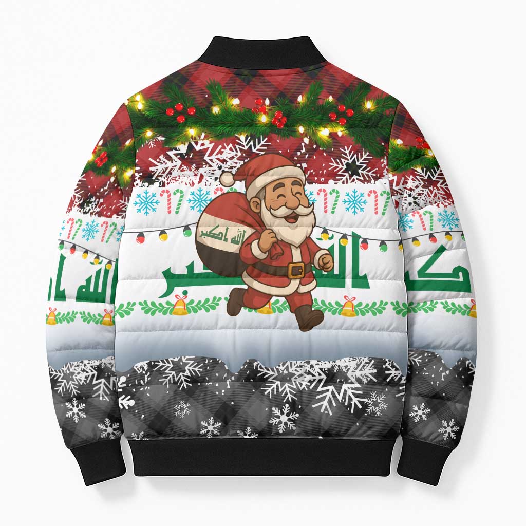 Iraq Christmas Bomber Puffer Jacket with Santa Carrying Gift Bag Flag Garland and Snowflake Plaid Pattern - Wonder Print Shop