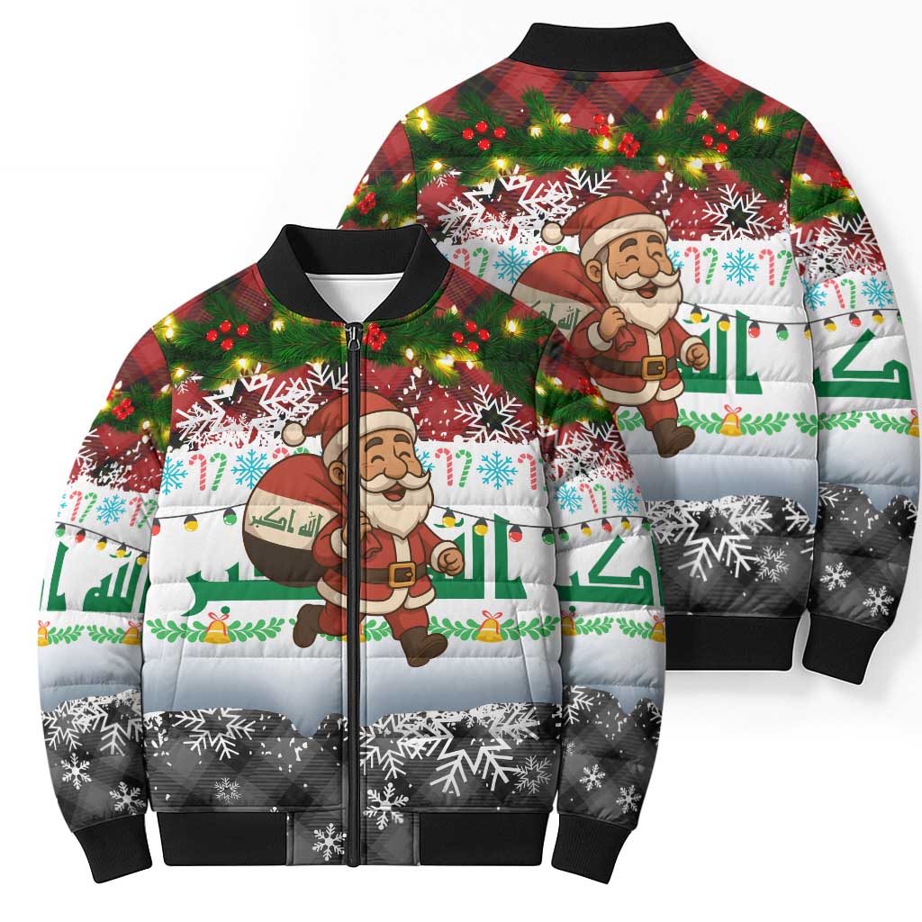 Iraq Christmas Bomber Puffer Jacket with Santa Carrying Gift Bag Flag Garland and Snowflake Plaid Pattern - Wonder Print Shop