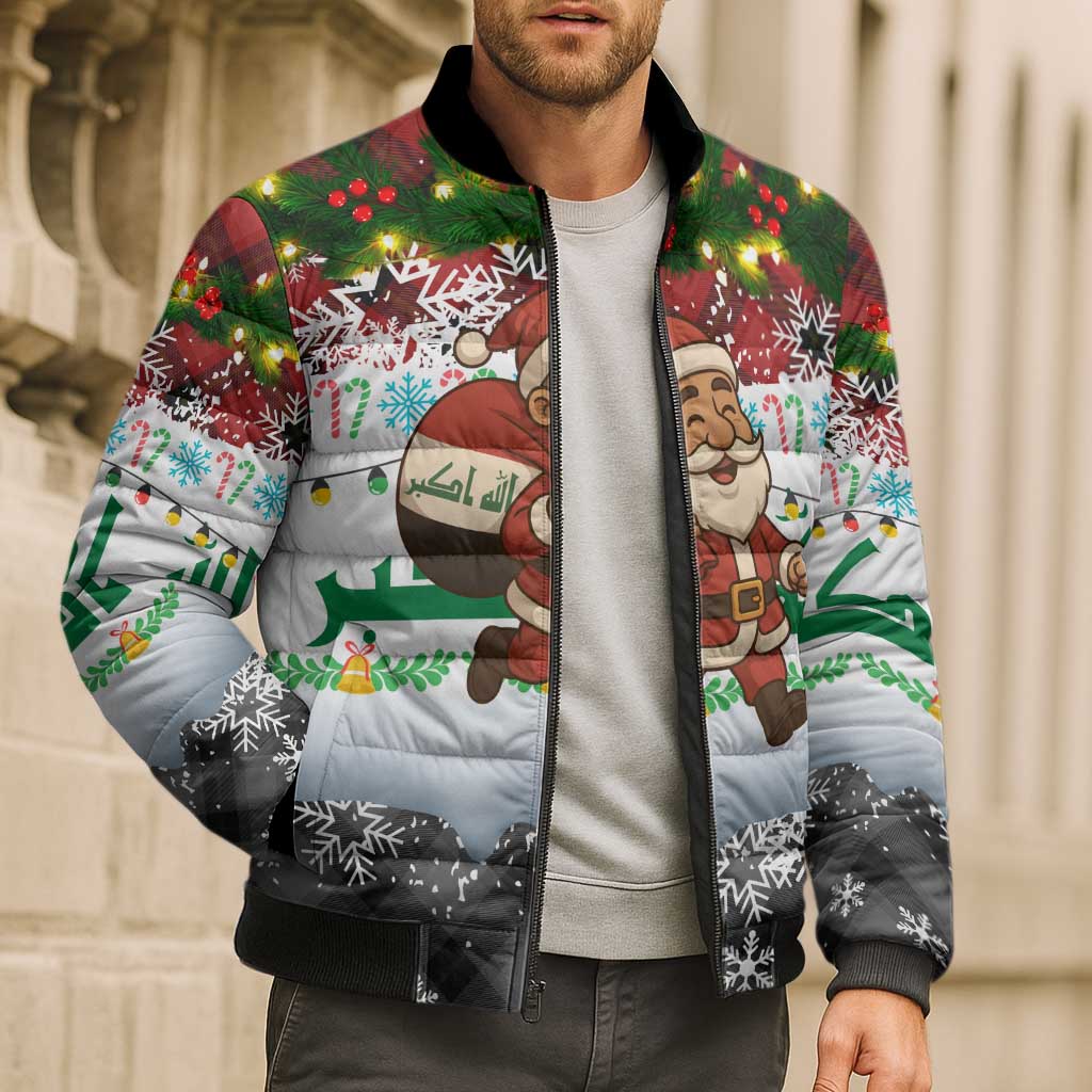 Iraq Christmas Bomber Puffer Jacket with Santa Carrying Gift Bag Flag Garland and Snowflake Plaid Pattern - Wonder Print Shop