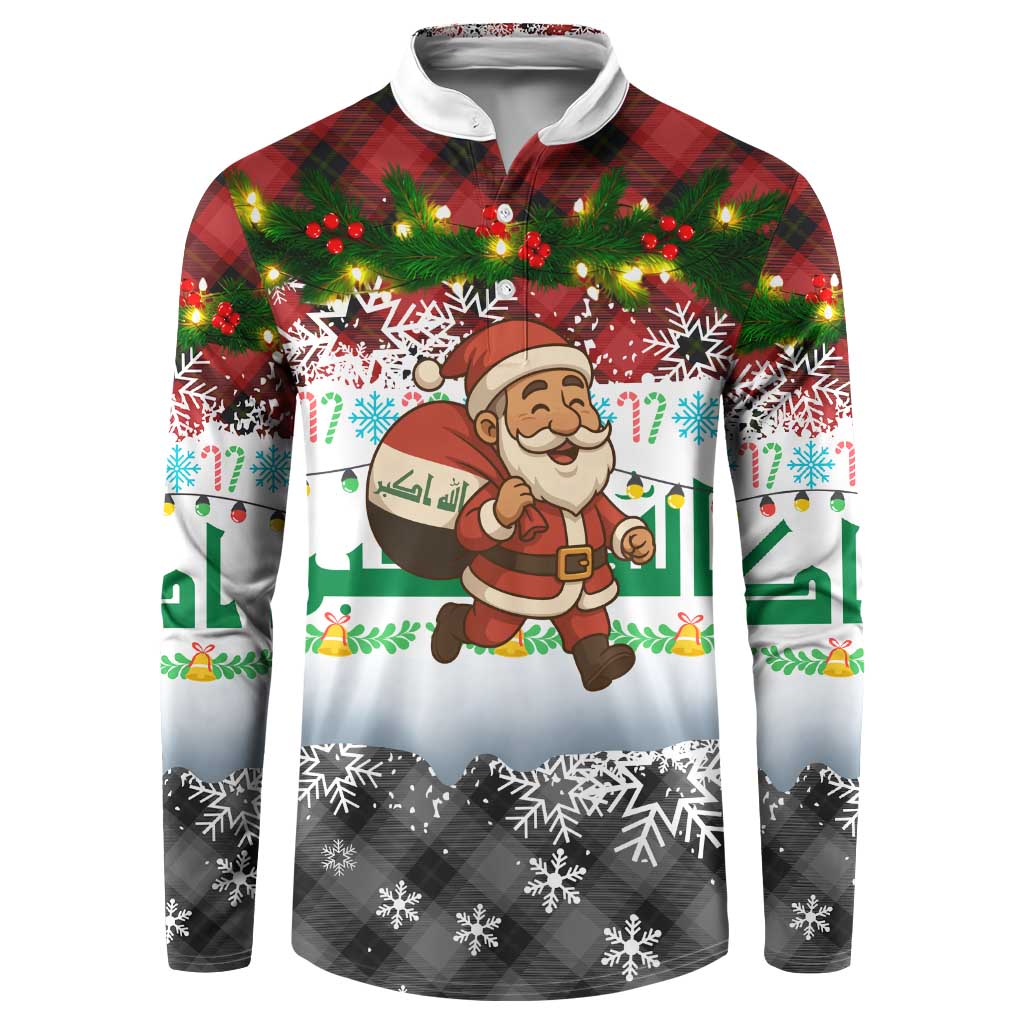 Iraq Christmas Button Sweatshirt with Santa Carrying Gift Bag Flag Garland and Snowflake Plaid Pattern - Wonder Print Shop