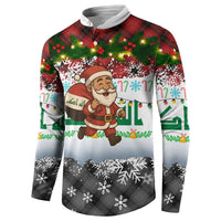 Iraq Christmas Button Sweatshirt with Santa Carrying Gift Bag Flag Garland and Snowflake Plaid Pattern - Wonder Print Shop
