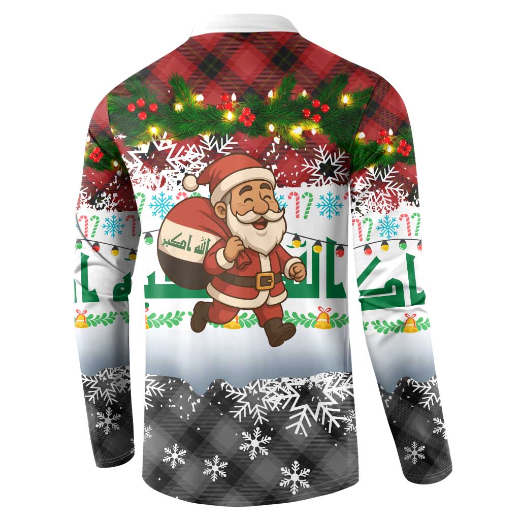Iraq Christmas Button Sweatshirt with Santa Carrying Gift Bag Flag Garland and Snowflake Plaid Pattern - Wonder Print Shop