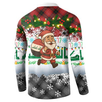 Iraq Christmas Button Sweatshirt with Santa Carrying Gift Bag Flag Garland and Snowflake Plaid Pattern - Wonder Print Shop