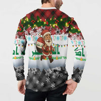 Iraq Christmas Button Sweatshirt with Santa Carrying Gift Bag Flag Garland and Snowflake Plaid Pattern - Wonder Print Shop