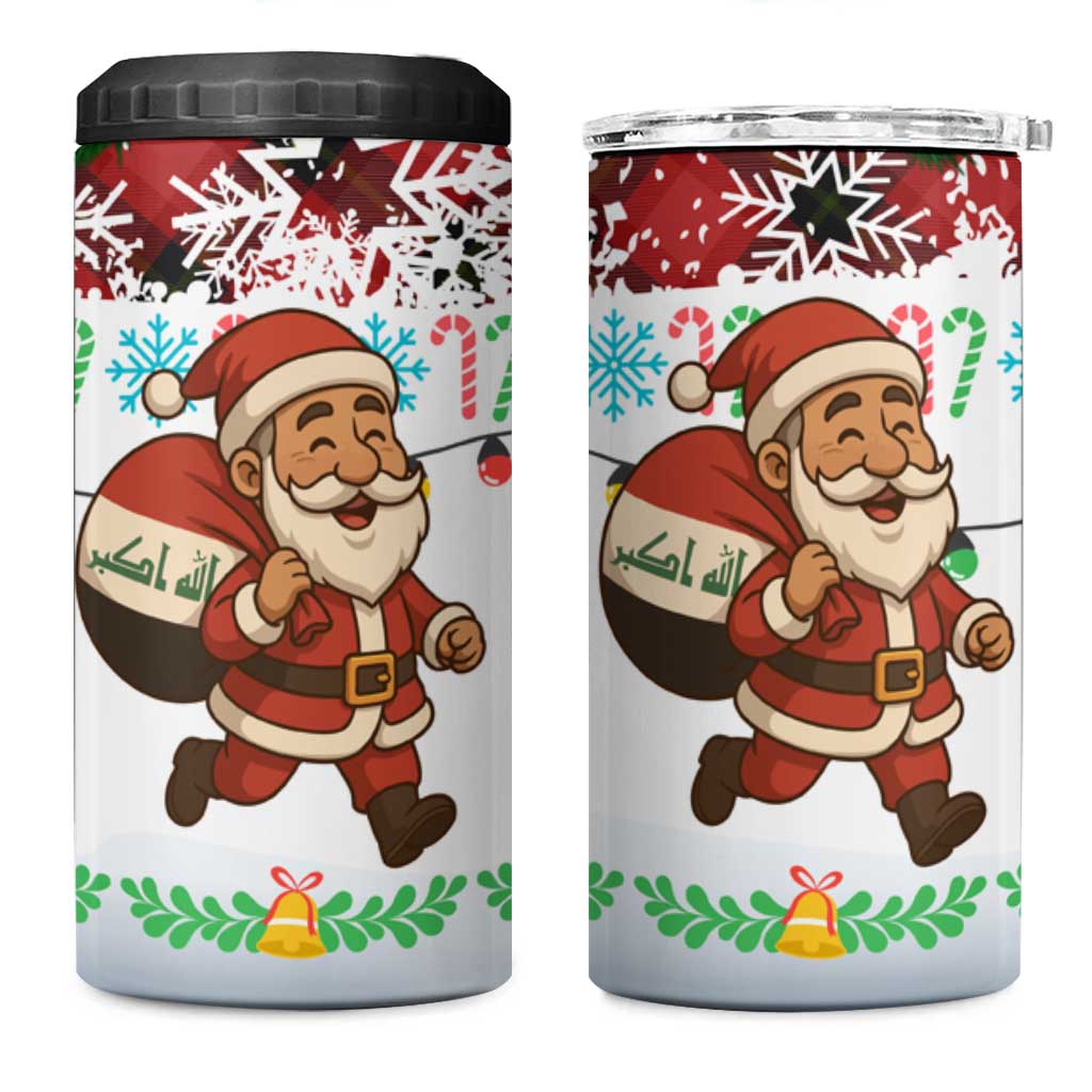 Iraq Christmas 4 in 1 Can Cooler Tumbler with Santa Carrying Gift Bag Flag Garland and Snowflake Plaid Pattern - Wonder Print Shop