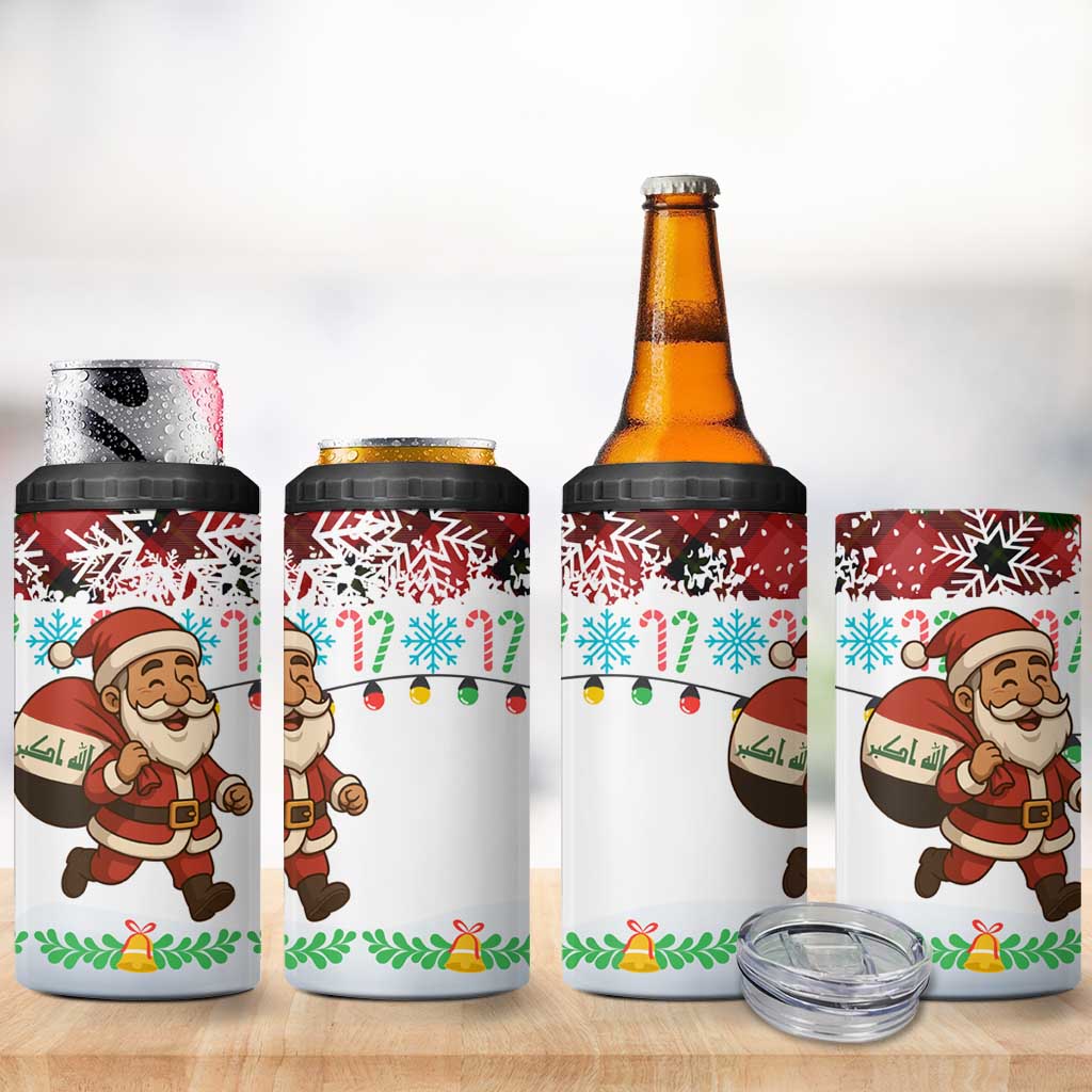Iraq Christmas 4 in 1 Can Cooler Tumbler with Santa Carrying Gift Bag Flag Garland and Snowflake Plaid Pattern - Wonder Print Shop
