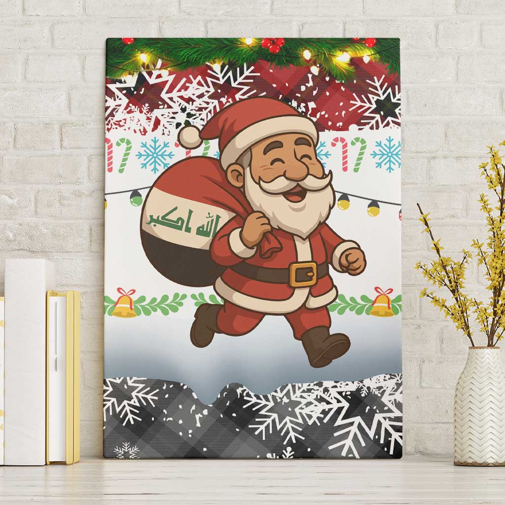 Iraq Christmas Canvas Wall Art with Santa Carrying Gift Bag Flag Garland and Snowflake Plaid Pattern - Wonder Print Shop