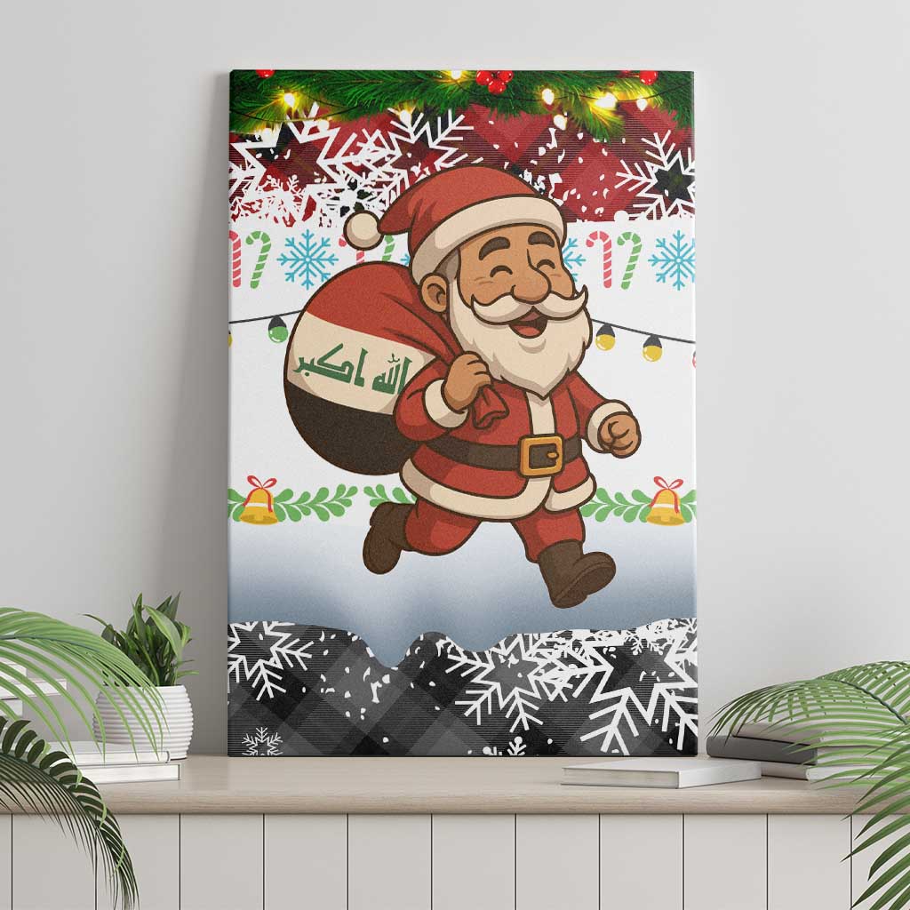 Iraq Christmas Canvas Wall Art with Santa Carrying Gift Bag Flag Garland and Snowflake Plaid Pattern - Wonder Print Shop