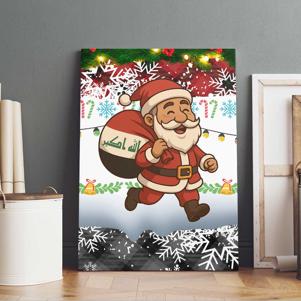 Iraq Christmas Canvas Wall Art with Santa Carrying Gift Bag Flag Garland and Snowflake Plaid Pattern - Wonder Print Shop