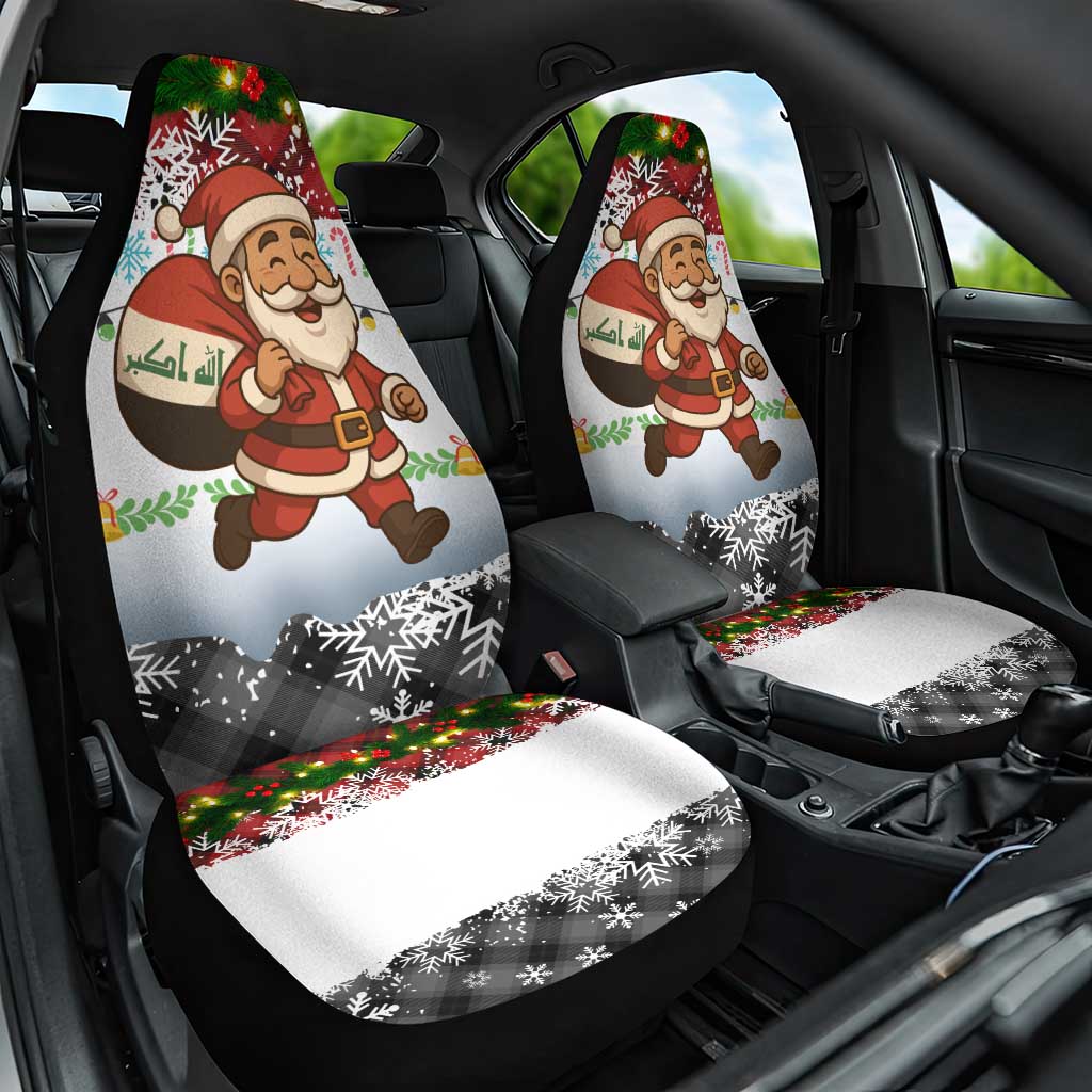 Iraq Christmas Car Seat Cover with Santa Carrying Gift Bag Flag Garland and Snowflake Plaid Pattern - Wonder Print Shop